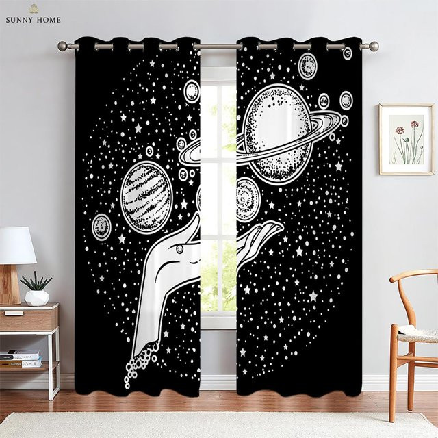 Yiran Furniture Sternenhimmel Planeten Vorhänge für Kinderzimmer, 2er-Set aus Polyester, semi-transparent, B: 50 cm, H: 140 cm - Bild 1