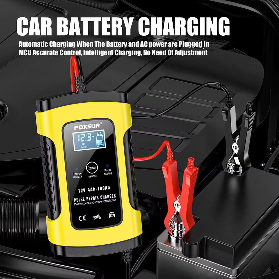 FOXSUR Automatisches Smart Batterie Ladegerät mit Pulse Reparaturfunktion für Blei-Säure, AGM und GEL Batterien, 12V 5A, Gelb, mit LCD Display und EU Stecker - Bild 3