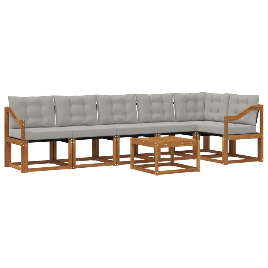 vidaXL Outdoor-Sofagarnitur 7-teilig aus Akazienholz und Textilene in Natur und Hellgrau mit Kissen und Armlehnen - Bild 2