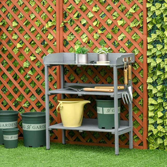 Outsunny Pflanztisch aus Tannenholz und Metall in Grau, B: 37 cm, T: 76 cm, H: 89 cm - Bild 2