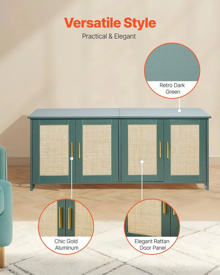 Buying Solutions MB Katzenklo-Gehege in Retro-Optik mit 4 Rattantüren und 2 Eingängen, Grüner Katzen-Waschraum aus Holz für mehrere Katzen, Breite: 120 cm - Bild 2