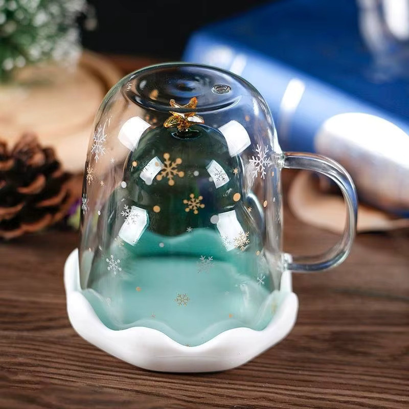 YWDL Weihnachtsbaum Kaffeetasse aus Glas mit Deckel, doppelwandige isolierte Teetasse und Milchbecher - Bild 4
