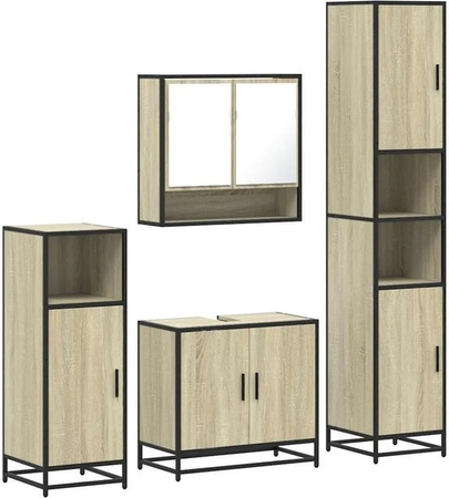 vidaXL 4-tlg Badmöbel-Set Sonoma-Eiche aus Holzwerkstoff mit Spiegelschrank, Waschbeckenunterschrank, niedrigem Badschrank und hohem Badschrank in Braun