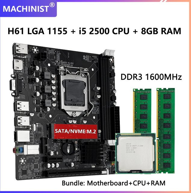 MACHINIST H61 Mainboard Kit mit Intel Core i5 2500 CPU und 8 GB DDR3 1600 MHz RAM in Schwarz (LGA 1155) - Bild 1