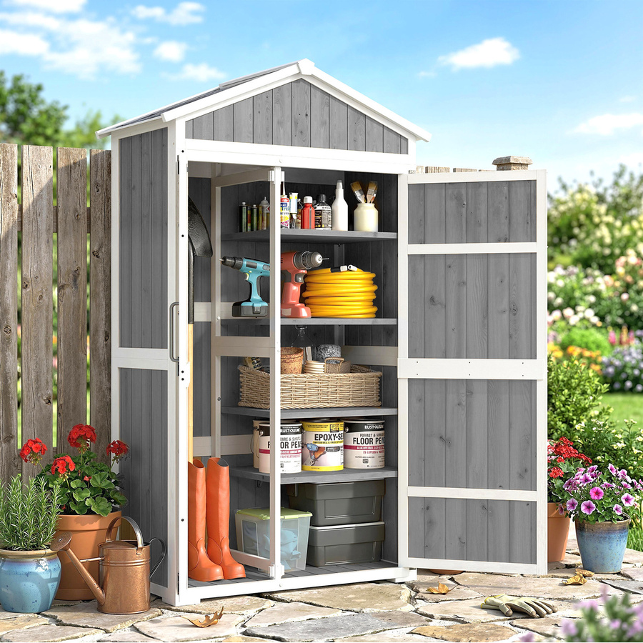 Outsunny Gartenschrank aus Holz mit Metalldach in Weiß und Grau, B/T/H: 105 x 55 x 179 cm - Bild 2