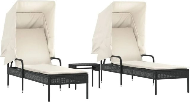 vidaXL Sonnenliegen Set aus 2 Stück in Schwarz aus Poly-Rattan mit Sonnendach und Beistelltisch - Bild 1