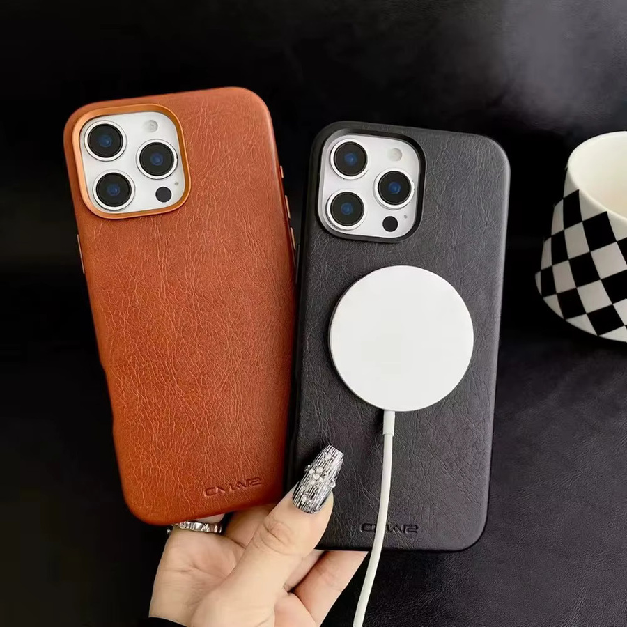 Luxus Business Leder Schutzhülle mit MagSafe Magnetfunktion für iPhone 17 16 15 14 Pro Max in Grau mit stoßfestem Metall-Objektivrahmen - Bild 2