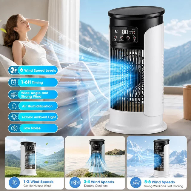 AFDEAL Tragbarer Klimaanlagen-Ventilator mit Luftbefeuchter und LED-Display in Weiß - Bild 1