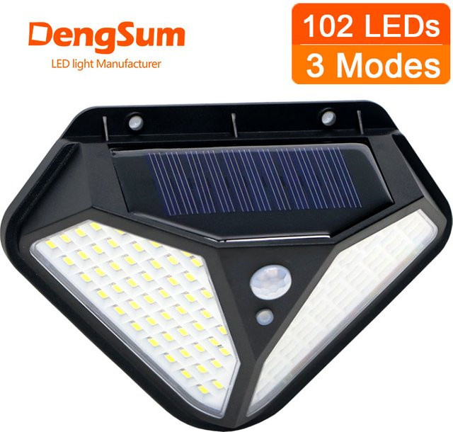 Dengsum Solar LED Außenleuchte mit 102 LEDs, PIR Bewegungsmelder und 3 Beleuchtungsmodi, Schwarz - Bild 1