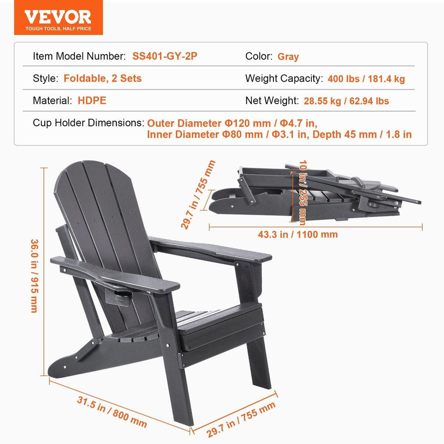 Buying Solutions MB Adirondack-Stuhl Set aus HDPE in Grau, 2er Set, wetterfest und klappbar - Bild 5