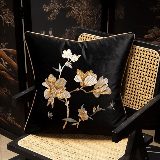 Veemi Kissenbezug aus Samt mit weißer Magnolienblüten-Stickerei im chinesischen Stil, B/B: 50 x 50 cm - Bild 1
