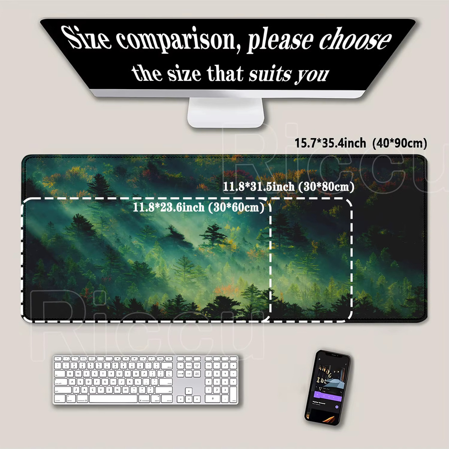 Riccu XXL-Mauspad mit Waldlandschaft Design in Multicolour, rutschfeste Schreibtischunterlage aus Gummi für Gamer, B/B: 90 x 40 cm - Bild 2