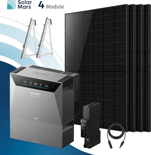Anker SOLIX Solarbank 4 E5000 Pro Balkonkraftwerk Set mit 2000W Leistung, 1x BP5000 Erweiterungsakku, 4x 500W Solarmodulen und Balkonhalterung in Grau - Bild 1