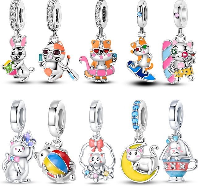 Charms-Anhänger 925 Silber, bunt, Urlaubskatze, rosa Kaninchen - Bild 1