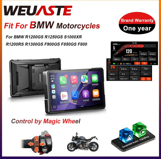 WUEASTE Motorrad CarPlay und Android Auto Display mit GPS-Navigation für BMW Modelle R1200GS R1250GS S1000XR R1300GS, Schwarz, 6-7 Zoll - Bild 1