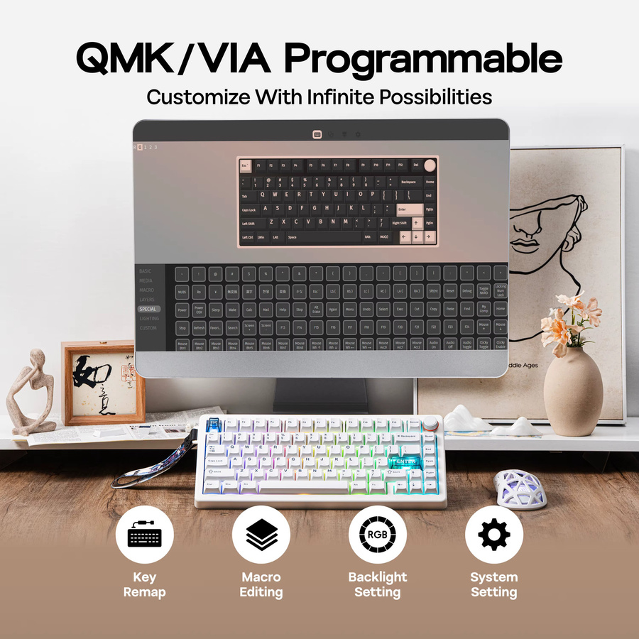CIDOO QK75 Mechanische Tastatur 75 % mit RGB-Hintergrundbeleuchtung, VIA programmierbar, kabellos via Bluetooth oder 2,4 GHz und kabelgebunden, Farbe: Weiß - Bild 4