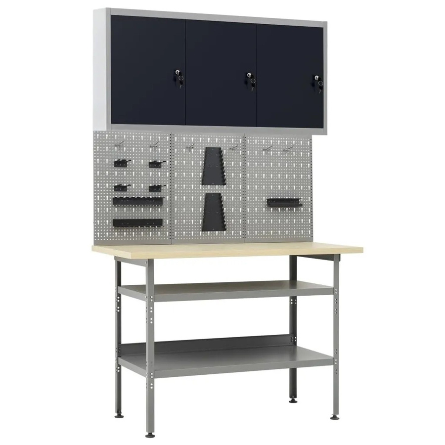 vidaXL Werkbank mit 3 Werkzeugwänden und 1 Wandschrank in Grau-Schwarz, höhenverstellbar, B: 120 cm, T: 60 cm, H: 85 cm bis 300 cm - Bild 2