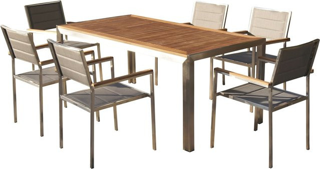 OUTFLEXX Garten-Essgruppe aus Edelstahl und Teakholz in Silber mit Esstisch und 6 gepolsterten Stapelstühlen, Tisch Breite: 180 cm, Tiefe: 90 cm - Bild 1