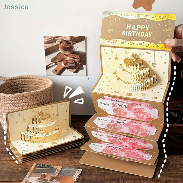 3D-Geburtstagskarte mit Geldhalter und goldenem Kuchendesign in Gold - Bild 1