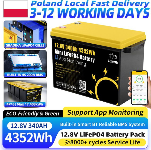 PWOD LiFePO4-Batterie 12V 340Ah mit 4S 200A BMS und APP-Steuerung, Lithium-Eisenphosphat-Akku der Klasse A für Wohnmobile und Heimenergiespeicher - Bild 1