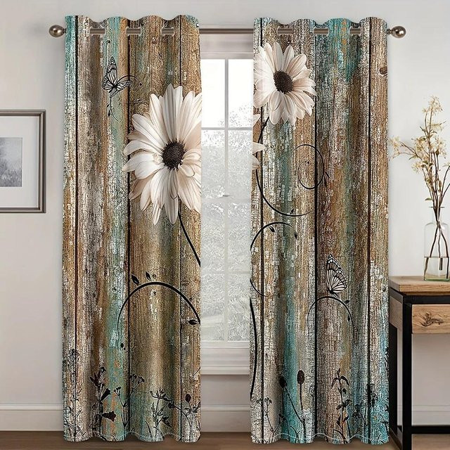2er-Set Vintage Fenstervorhänge von Yiran Furniture mit braunem Streifenmuster, halbtransparent, Breite: 75 cm, Höhe: 166 cm - Bild 1