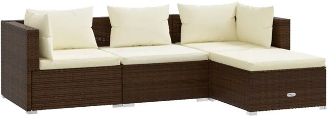 vidaXL 4-tlg. Garten-Lounge-Set in L-Form aus braunem Poly-Rattan mit beigen Kissen und pulverbeschichtetem Stahlgestell - Bild 1