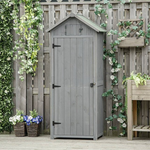 Outsunny Gartenschrank aus Holz mit Fachböden und Asphaltdach in Grau, B/T/H: 77 x 54,2 x 179 cm - Bild 2