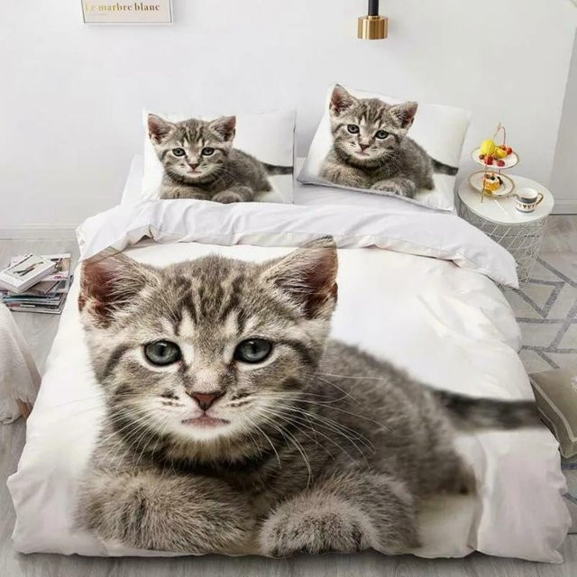 Bettbezug-Set mit Katzen-Motiv von Your Warm Home, 2-teiliges Set aus Polyester für Kinder in Grau, Queen-Size, B/H: 173 x 218 cm, inklusive Kissenbezüge 50 x 70 cm - Bild 1