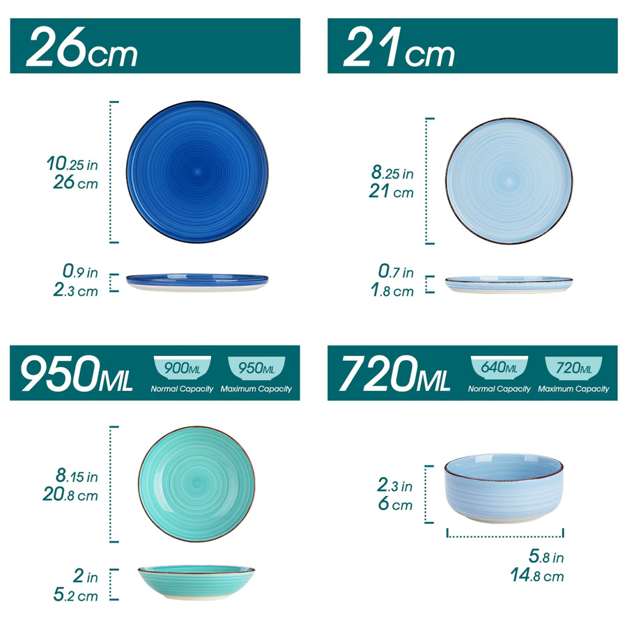 Vancasso Geschirrset mit Spiralmuster, handbemalt, farbig, bestehend aus Speisetellern, Desserttellern, Schalen und Suppentellern - Bild 2
