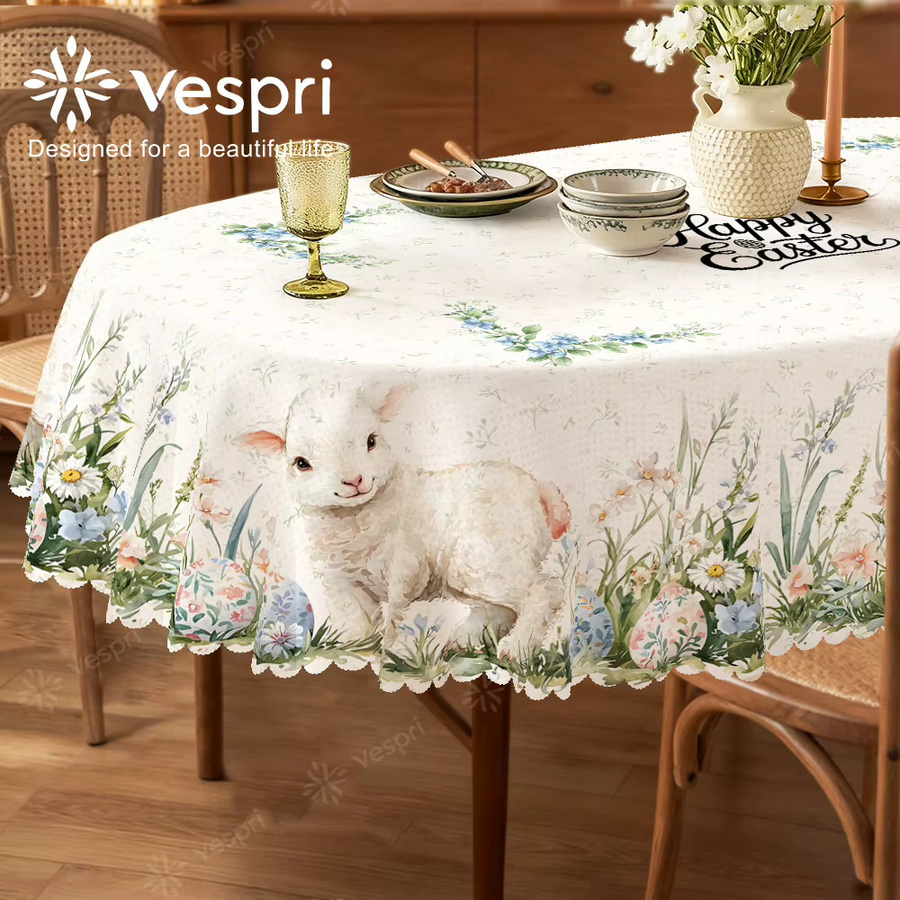 Vespri Oster-Tischdecke mit Lamm- und Blumenmuster in Weiß-Grün aus Polyester für Party und Dekoration - Bild 2