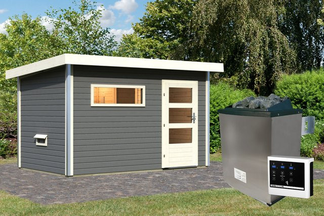 Saunahaus SKROLLAN mit Vorraum in Terragrau inklusive 9.0 kW Ofen, Steuergerät und ISOGlas Klarglas, B/T/H: 337 x 196 cm - Bild 1