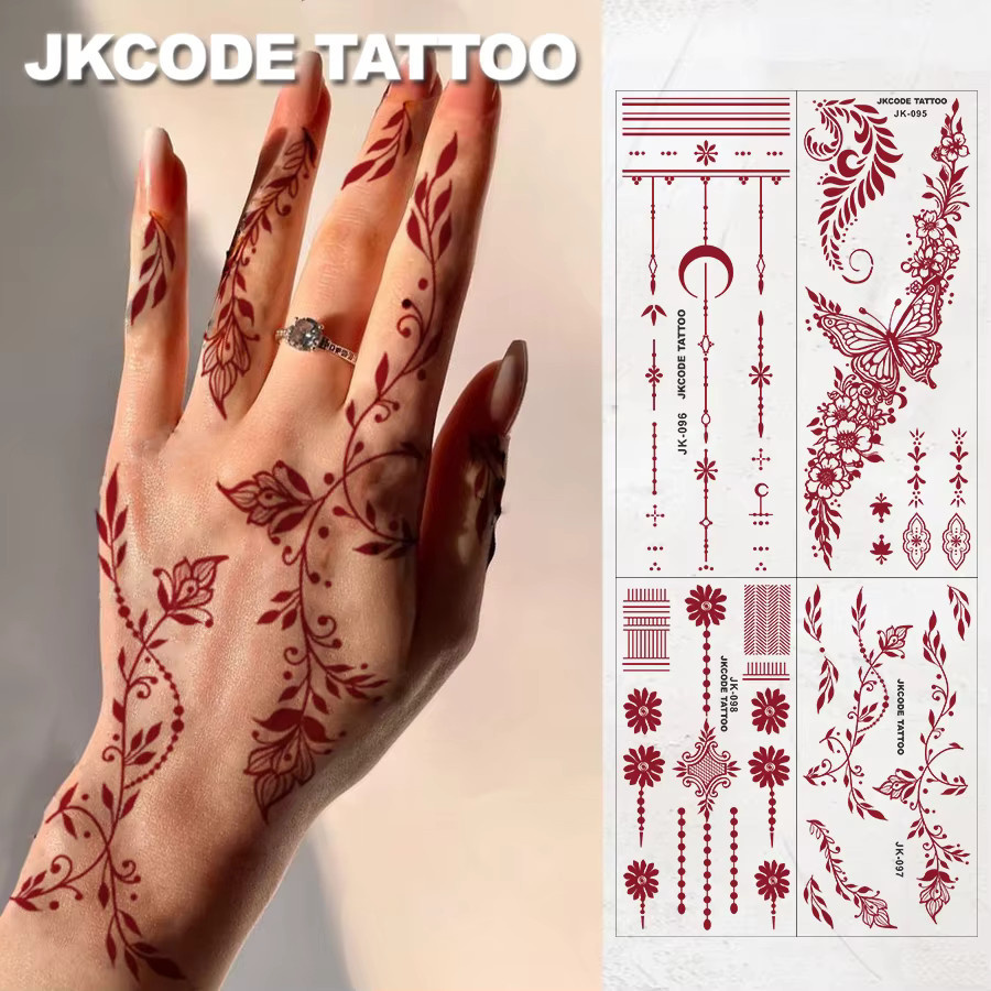 JKCODE TATTOO Hand-Tattoo, Damen, Henna Blatt-Pflanzen-Schmetterlings-Muster - Bild 2