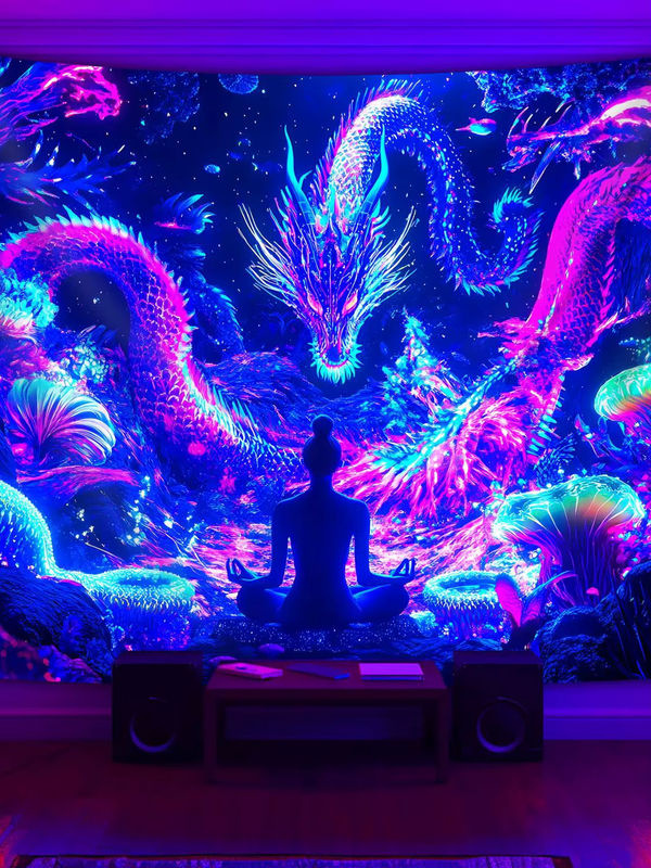 VIKAMA Neon-Drachen-Wandteppich in Multicolour für dein Wohnzimmer, Oriental Fantasy Wanddeko für Meditation und Yoga, B: 60 cm, H: 40 cm - Bild 5