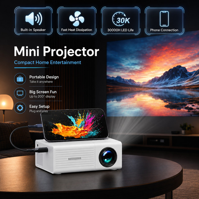 ZNLYRION Tragbarer Mini-Projektor HD LED-Display in Weiß mit Anschluss für Telefon und Laptop - Bild 1