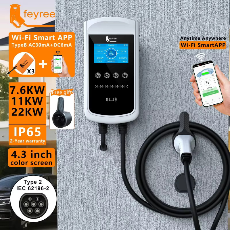 Feyree EV-Ladegerät Wallbox mit 4,3-Zoll-Bildschirm und App-Steuerung, Typ 2, 32A, 22kW/11kW/7,6kW, Weiß - Bild 2
