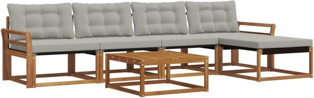 vidaXL 6-teilige Outdoor-Sofagarnitur aus Akazienholz und Textilene mit Kissen in Natur und Hellgrau - Bild 1