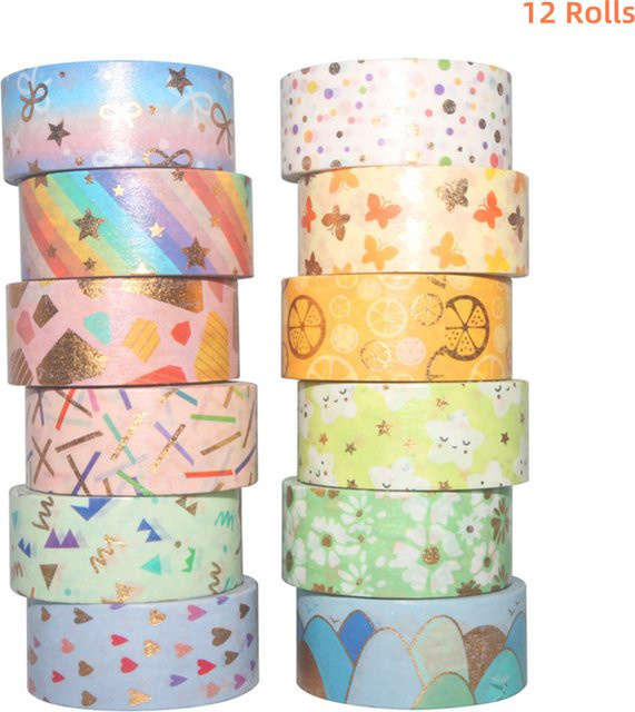 Aibecy Washi-Tape-Set mit 12 Rollen in Gold und Multicolour, dekoratives Klebeband mit Goldfolie und niedlichen Mustern, Breite: 1,5 cm - Bild 1