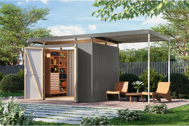 Karibu Holztechnik Metallgerätehaus Boldmere XXL im Set mit Anbaudach 2 m - Bild 1