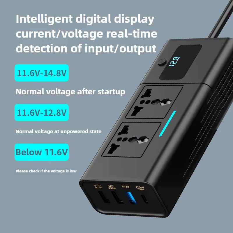 Auto Inverter DC12V zu AC220V 200W mit PD, QC3.0 und 2 USB Ports, Schnellladegerät für das Auto in Schwarz - Bild 4