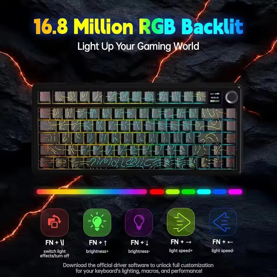 AULA F75 MAX Mechanische Gaming-Tastatur mit 75% Layout, RGB-Beleuchtung, TFT-Bildschirm und Hot-Swap, Bluetooth/2.4G/Kabelgebunden, Schwarz-Blau - Bild 3
