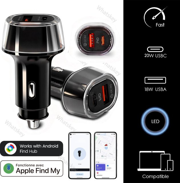 Peocke Auto-Handy-Ladegerät mit USB-C 30W Schnellladegerät und GPS-Ortungsfunktion für iOS und Android, Schwarz - Bild 1