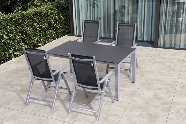 OUTFLEXX Garten-Essgruppe aus Alu, Spraystone und Textil in Silber/Anthrazit mit 4 Klappstühlen, B/T: 160 x 95 cm - Bild 1
