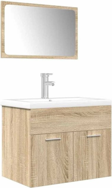 vidaXL 3-teiliges Badmöbel-Set Sonoma-Eiche mit Waschbeckenunterschrank, Spiegel und Keramik-Waschbecken inklusive Wasserhahn, Braun/Weiß, B/T/H: 60,0 x 38,5 x 46,0 cm - Bild 1