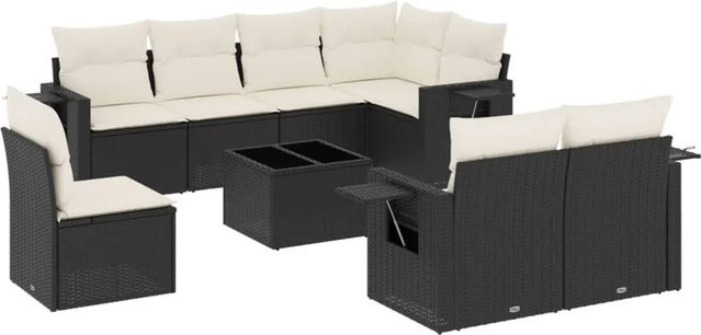 vidaXL 9-teilige Garten-Sofagarnitur in L-Form aus Poly-Rattan und pulverbeschichtetem Stahl mit Kissen in Schwarz-Creme - Bild 1