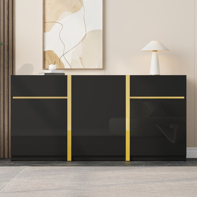PINGGO Hochglanz-Sideboard in Schwarz mit 3 Türen und 2 Schubladen für Wohnzimmer und Esszimmer - Bild 1