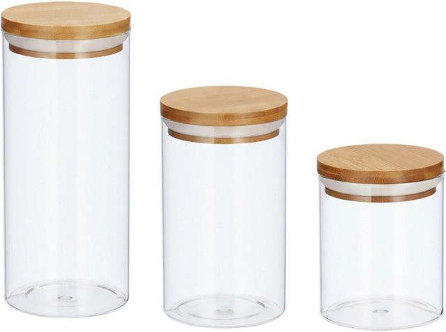 Relaxdays 3er Set Vorratsdosen aus Glas mit Bambus Deckel, transparent und Natur, luftdicht, 500 ml, 700 ml und 1.000 ml - Bild 1