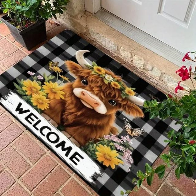Lodestar Fußmatte mit Highland-Kuh und floralem Design, rutschfest, Polyester, B/T: 50 x 30 cm, Multicolour - Bild 1