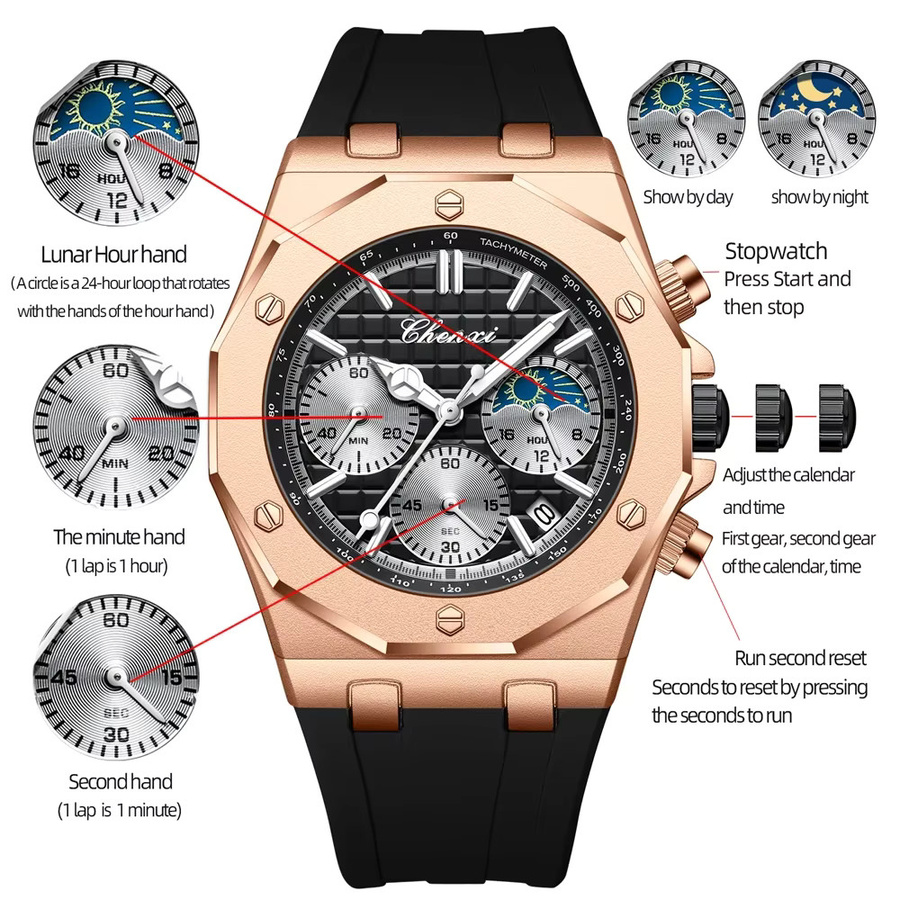 CHENXI Chronograph, Quarz, Edelstahl, Bicolor, Silikonarmband, Herren - Bild 4
