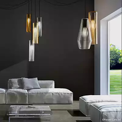 Panzeri Olivia Pendelleuchte mit schwarzem Baldachin und Glas in Tobacco/Transparent - Bild 1