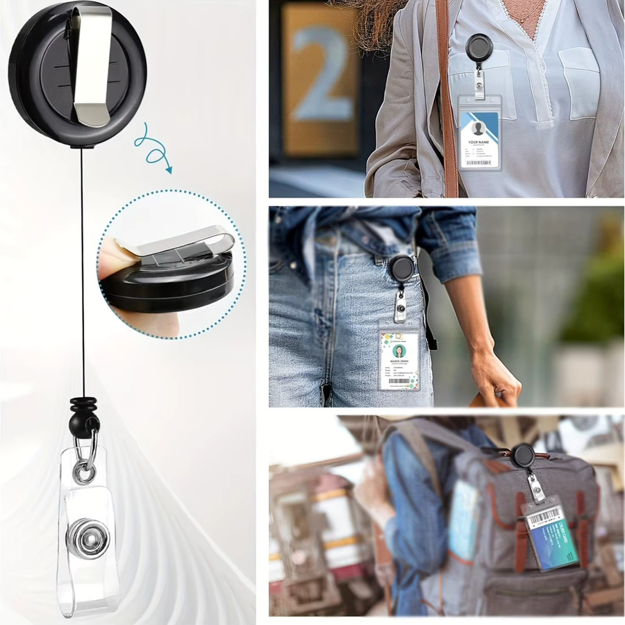 Schwarzes Ausweishalter-Set mit einziehbarem Schlüsselband, wasserdichtem PVC-Kartenhalter und Karabinerverschluss für Arbeitsausweise und Namensschilder - Bild 5